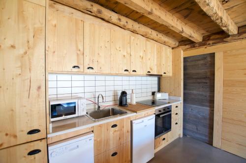 - une cuisine avec des placards en bois et un évier dans l'établissement Apartament Cal Josepó, à Ger