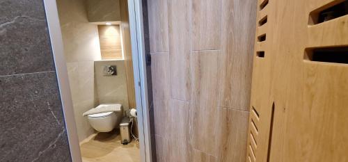 a bathroom with a toilet and a wooden door at Villy Luxury Home 2 in Ayiá