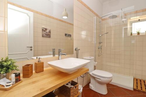 a bathroom with a sink and a toilet and a shower at Casa do Terraço in São Martinho do Porto