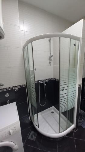 una ducha con puerta de cristal en un baño en Fortress 1: Quiet, Lux 50m2 , apartment in the pedestrian zone, en Belgrado
