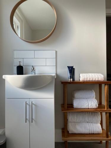 a bathroom with a white sink and a mirror at Richardson Apartment in Aberaeron