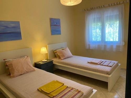 a bedroom with two beds and a window at Sophies Apartments Ormos in Ormos Panagias