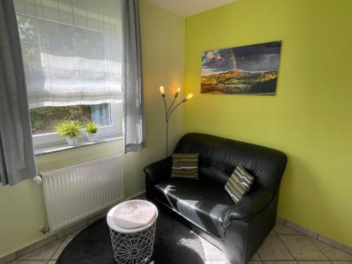 KottenbornにあるApartment Weinand by Interhomeの窓のある緑の部屋に黒い革張りのソファ