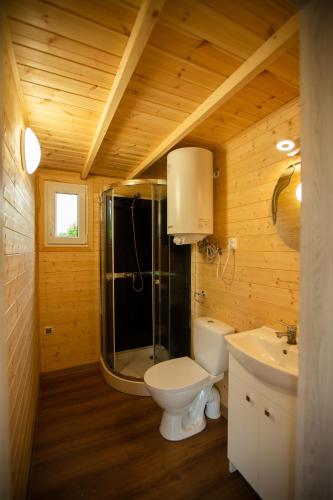 a bathroom with a shower and a toilet and a sink at Mielno Domek nad morzem Wakacyjna Ostoja in Mścice