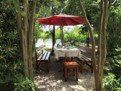 - une table et des chaises avec un parasol sur la terrasse dans l'établissement Apartment Villa Palma - LBN405 by Interhome, à Labin