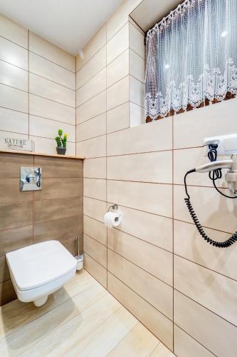 a bathroom with a toilet and a sink at Komfortowe domki na wynajem - Holiday Tatry in Poronin