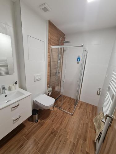 a bathroom with a shower and a toilet and a sink at Štúdio Calvin - Sklenarska 1 in Prievidza