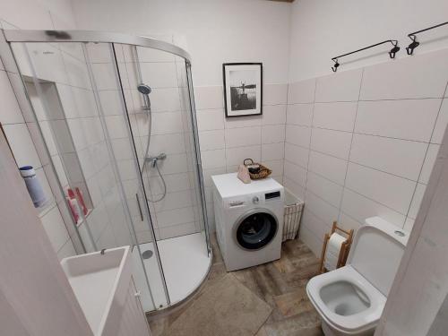 a bathroom with a shower toilet and a washing machine at Siedlisko Upałty in Giżycko