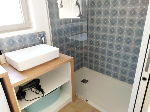 a bathroom with a sink and a shower at La cabine du bout du monde avec Mezzanine PL04, Tevennec - votre maison de vacances de haut standing in Crozon