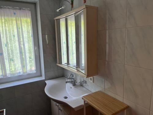 baño con lavabo, espejo y ventana en Appartement Bellevue, en Damüls
