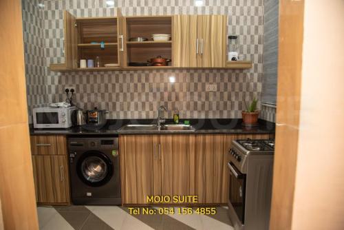 a kitchen with a sink and a washing machine at Mojo Apartment, Tema in Tema