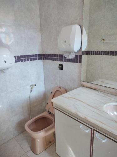 a bathroom with a pink toilet and a sink at Aloha hostel cabo frio in Cabo Frio