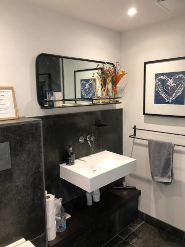 a bathroom with a white sink and a mirror at The Loft in Crowborough