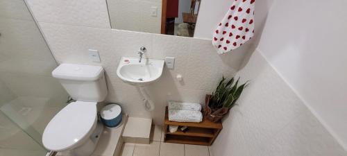 a small bathroom with a toilet and a sink at Suite climatizada, ao lado da praca principal in Domingos Martins