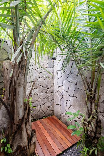 a wooden deck with a stone wall and some plants at Colibri Beach Villas in Ilha de Boipeba
