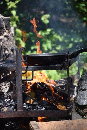 a grill with a fire in front of it at Glautschhof in Weissensee
