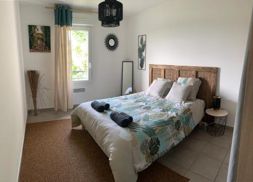 - une chambre avec un lit et des oreillers dans l'établissement Bayonne Appartement terrasse 4 km plage, à Bayonne