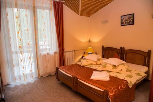 1 dormitorio con cama y ventana grande en Vila Pellegrin, en Durau