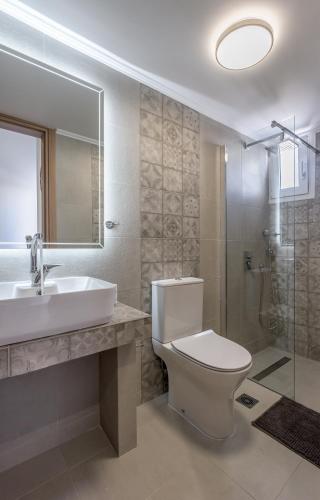 a bathroom with a toilet and a sink and a shower at Noula House & Studios in Plaka Milou