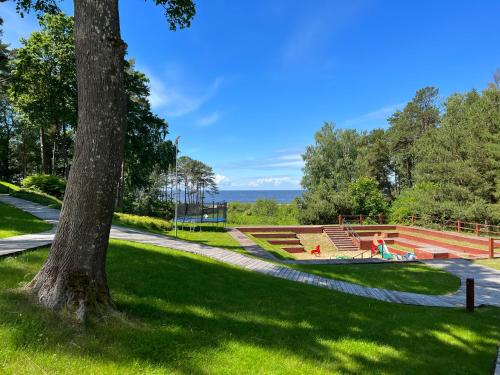 a park with a tree and a playground at New Exclusive 2BD apartment by the sea in Saulkrasti