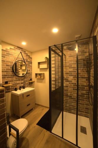 une salle de bain avec une douche, des toilettes et un lavabo dans l'établissement Maison atypique centre bourg 15kms du PDF et Parc Maulévrier, à Mauléon