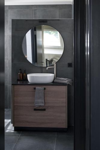 a bathroom with a sink and a mirror at Holiday home de Stamhoeve in Biezenmortel