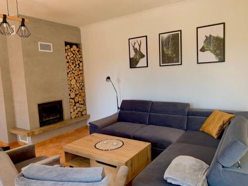a living room with a blue couch and a table at WołkoWilla - Willa z urokliwym widokiem na wyłączność in Polańczyk