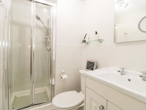 a bathroom with a shower and a toilet and a sink at Thornhills Cottage in Bridgwater