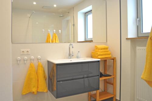 舍瑙阿姆克尼格塞的住宿－Ferienwohnung Zulehenweg 15，一间带水槽和镜子的浴室