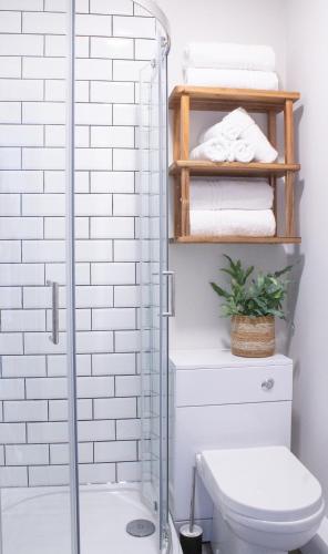 a bathroom with a shower and a toilet and towels at Morahan apartment in Aberaeron