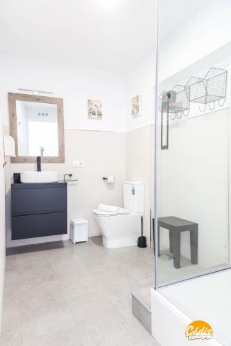 a white bathroom with a sink and a toilet at Casa Rehala by Cadiz Time in Cádiz