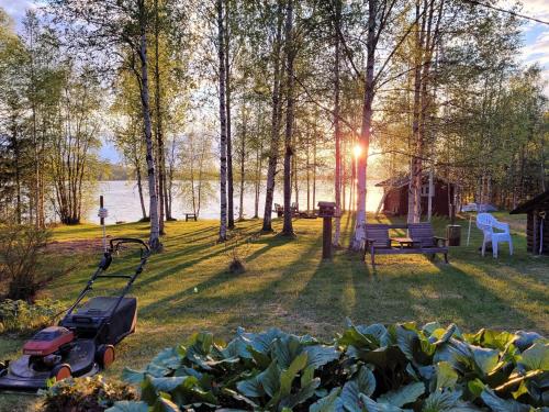 um quintal com um parque com mesa de piquenique e um lago em Holiday Home Koivulahden reinola by Interhome em Raanujärvi