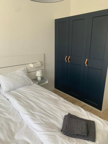 a bedroom with a white bed with blue cabinets at Gdańska Duo in Wrocław