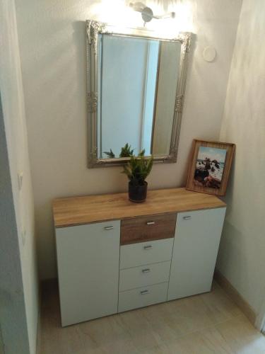 a dresser with a mirror and a plant on it at Apartment Anđela in Podgora