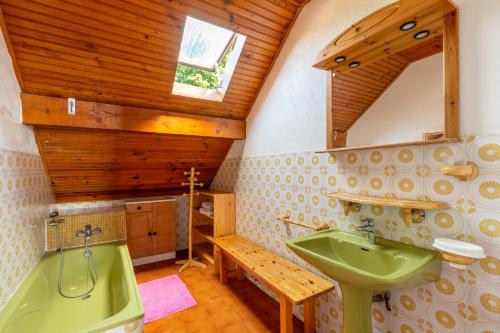 a bathroom with a green sink and a wooden ceiling at Appartement Pointe de la Sambuy in Trévignin