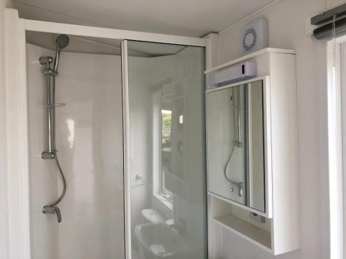 a white bathroom with a shower and a sink at Chalet 579 op Recreatiepark De Wielen in Sint Maarten