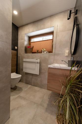 a bathroom with a sink and a toilet and a window at Domek OlimpijSki SZCZYRK in Szczyrk
