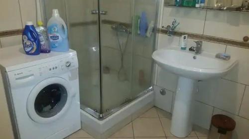 ein Badezimmer mit einer Waschmaschine und einem Waschbecken in der Unterkunft Nice House next to a beautiful park in Tirana