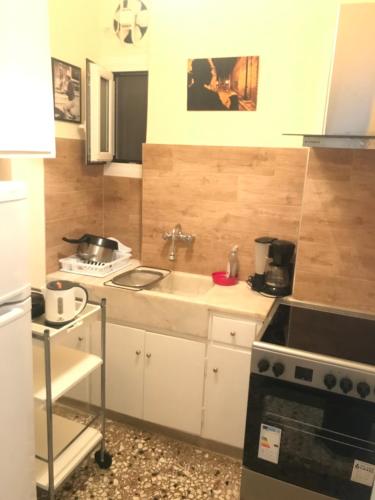 a small kitchen with a sink and a stove at Archelaou Street Living in Athens