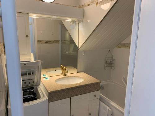 a small bathroom with a sink and a shower at Résidence Les jardins de Courseulles F3 in Courseulles-sur-Mer