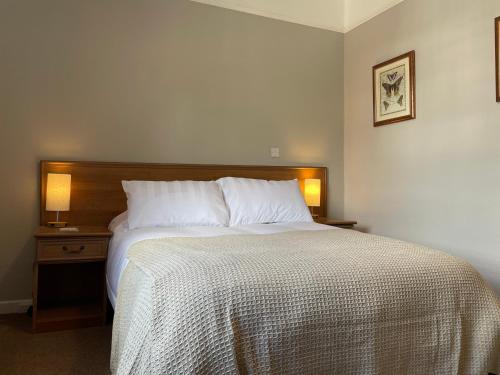 1 dormitorio con 1 cama con colcha blanca y 2 lámparas en The Swan Inn en East Ilsley