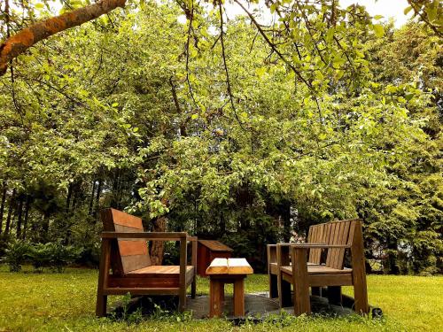 two wooden chairs and a table in a park at Champêtre Park View Apartments in Rīga