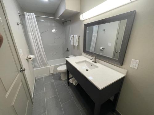 a bathroom with a sink and a toilet and a mirror at Baymont by Wyndham Dothan in Dothan