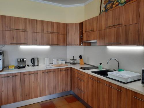 a kitchen with wooden cabinets and a sink at Ágnes Vendégház in Tokaj