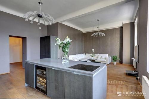 a kitchen with a large island in a living room at Old Town Apartment in Pärnu