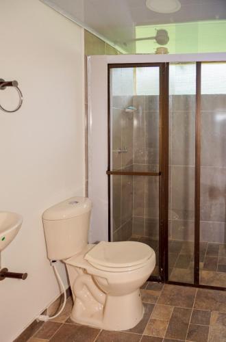 a bathroom with a toilet and a shower at Villa Maria in Guatavita