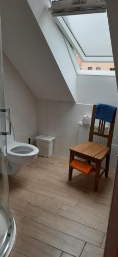 a bathroom with a toilet and a wooden chair at Ubytování Na Házce 228 in Turnov