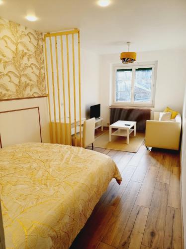 ein Schlafzimmer mit Bett und ein Wohnzimmer in der Unterkunft Superbe Appartement en plein centre-ville de Crépy in Crépy-en-Valois