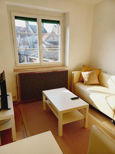 un salon avec un canapé et une table basse dans l'établissement Superbe Appartement en plein centre-ville de Crépy, à Crépy-en-Valois