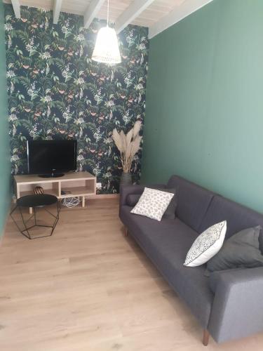 uma sala de estar com um sofá e uma televisão em Location à Argentat-sur-Dordogne em Argentat